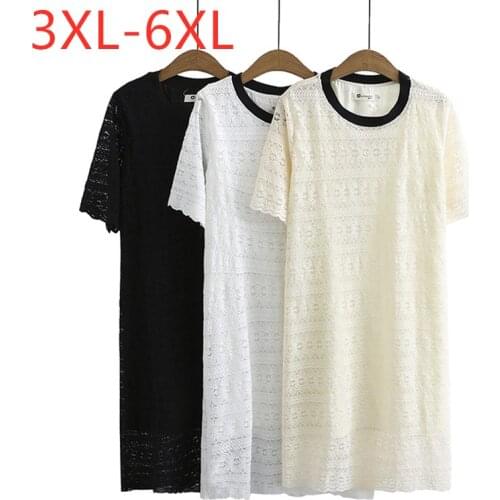 New 2021 Ladies Summer Plus Size Mini Dress For Women Large Short Sleeve Loose Lace White Black Straight Dress 3XL 4XL 5XL 6XL