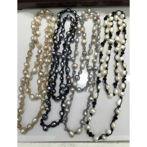 Wholesale 20pcses/lot Long Natural pearl and crystal necklace with wax rope Baroque irregular mix order long short double use