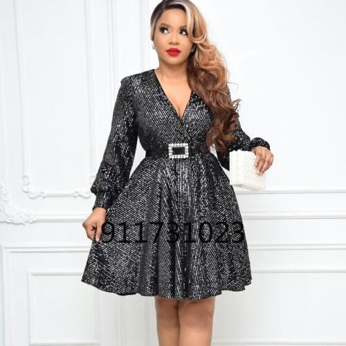 Polyester 2021 Summer African Women V-neck Long Sleeve Black Color Dress African Dresses for Women