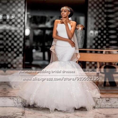 Luxurious Strapless Mermaid Sweep Trian Wedding Dress Bride Plus Size Lace Appliques Beaded Sleeveless Bridal Gown Custom Made