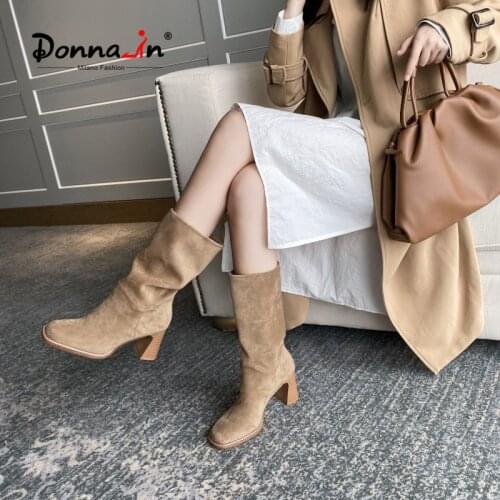 Donna-in 2021 New Mid-Calf Womens Boots Square Toe High Heel Sheep Suede Boots Fashion Temperament Pleated Mid Tube Boot Female
