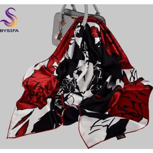 BYSIFA|100% Pure Silk Scarf Shawl Fashion Elegant Roses Design Large Square Scarves Wraps 106*106cm Spring Fall Neck Scarf Hijab
