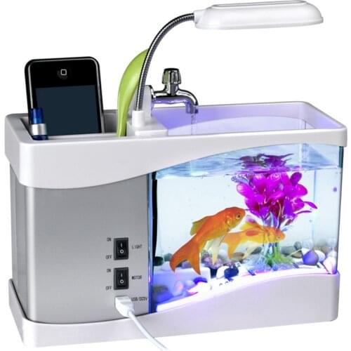 USB Desktop Mini Fish Tank Aquarium Glass LCD Timer Clock LED Lamp Light LED Aquarium Fish Tank Alarm Clock Black/White