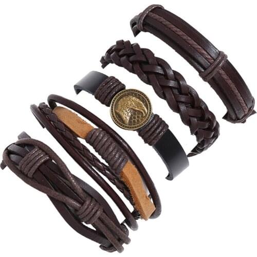 Vintage Retro Wide Leather Wristbands Multi-layer Braided Eagle Bracelets Set Alloy Charm Wrap Bangle Women Fashion Punk Jewelry
