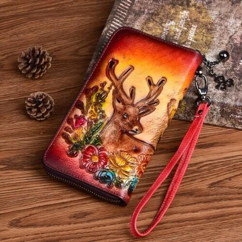 Vintage Hand Painted Women Wallets 2021 Spring New Genuine Leather Embossed Wallet Card Holder Long Zipper Cowhide Phone Purse
