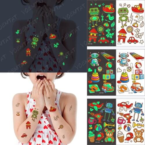 Waterproof Temporary Tattoo Sticker Luminous Children Kids Robot Car Lightning Ship Flash Tatoo Body Art Arm Animal Fake Tatto