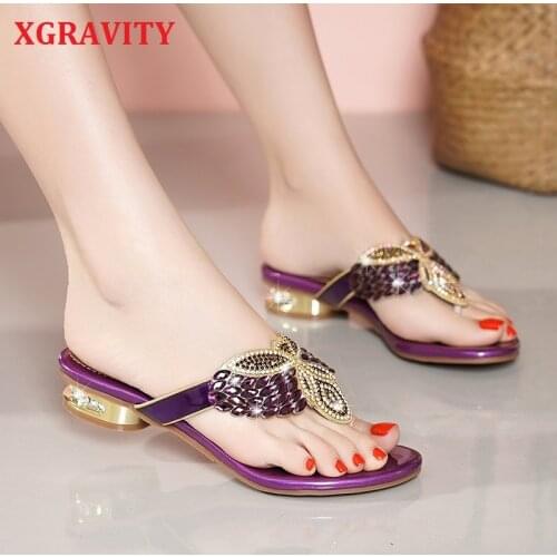 XGRAVITY 2021 Flip Flops Girls Casual Slippers Sexy Crystal Rhinestone Design Women Sandal Hot Ladies Genuine Leather Shoes B018