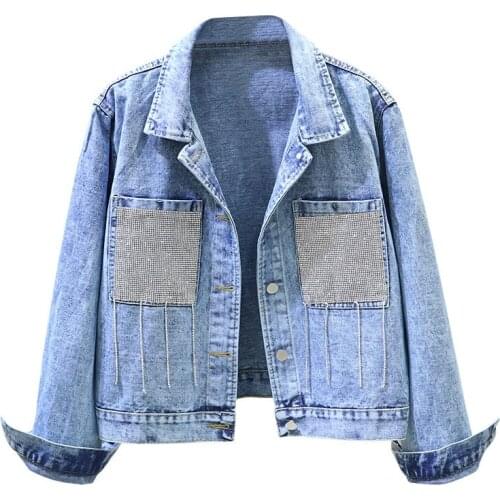 2020 New Women Denim Jacket Autumn Womens Jean Jackets Beaded Loose Casual Denim Jacket Women Coat Long Sleeve Outerwear P253