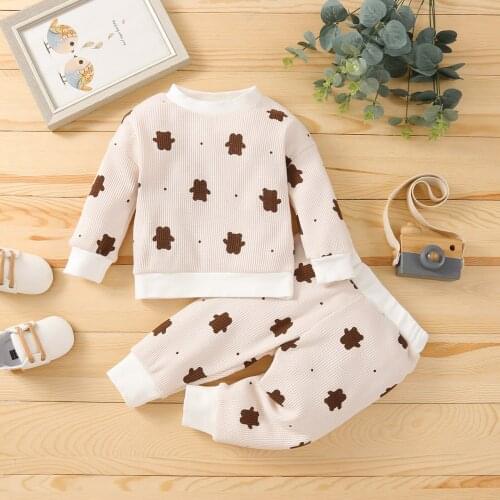 0-24M Newborn Baby Clothes Set Cartoon Bear Print Long Sleeve O Neck Pullover + Trousers Spring Autumn 2Pcs Outfits Homewear