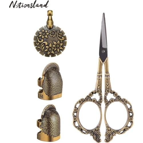 4Pcs Vintage Sewing Tools with Embroidery Scissors Thread Cutter Sewing Thimble for Sewing Cutting DIY Patchwork Accessories
