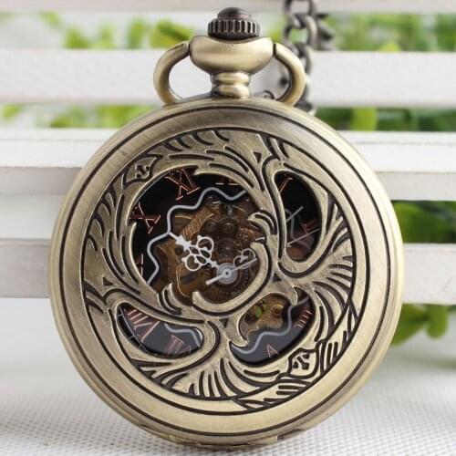 Bronze Peacock Hollow Case Clamshell Hand Wind Mechanical Pocket Watch Men Women Skeleton Gears Watch Gift TJX106