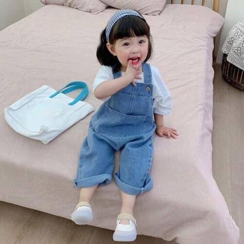 Childrens Kids Solid Denim Korean Overalls Jean Bib Pants For Toddler Baby Girls Infant Jumpsuit Rompers Clothing Outfits New