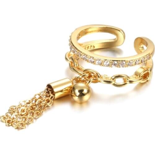 LXAD Link Chain Tassel Ring Zirconia with Spike Pendant Charm Finger Ring for Women