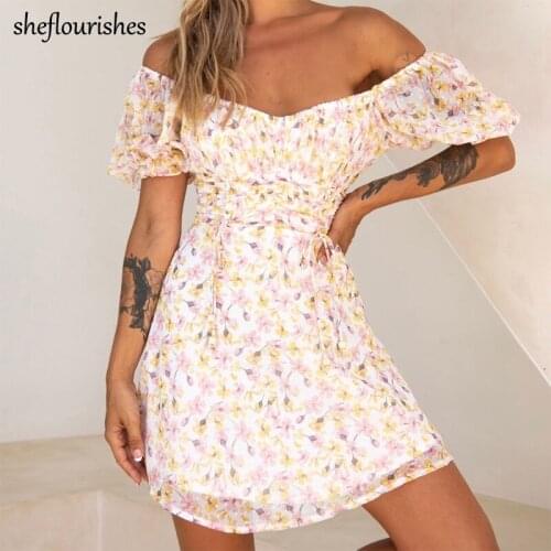 Summer off shoulder dress women short sleeve dresses sexy mini dress korean a line dresses floral print lace up dress ruched