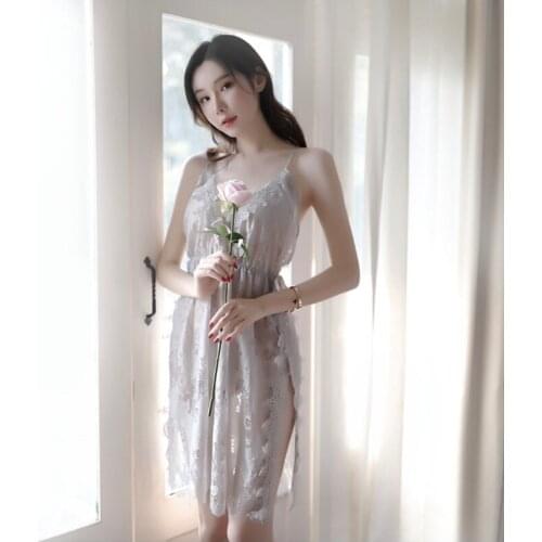 Summer Lady‘s Lace See-Through Sexy Women Uniforms Sexy Lingerie Underwear Nightdress Deep V Female Pajamas Dress