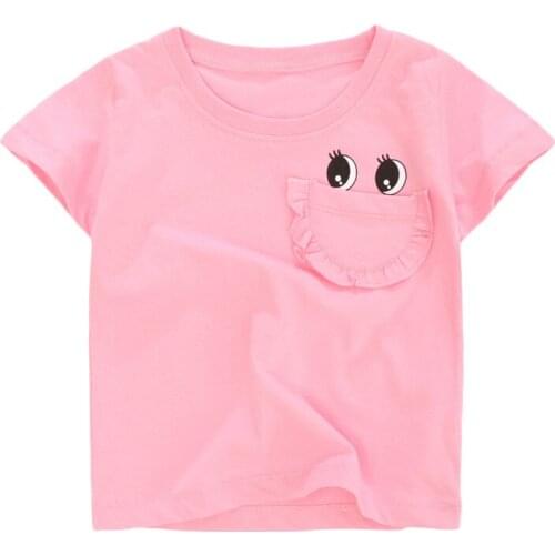 Little Maven New Summer Children Pink Pocket eyes O-neck Short-sleeved Cotton Knitted Girls Casual Cute Tshirts Tops