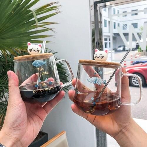 Cute Cartoon Catfish Creative Glass Womens Office Coffee Mug With Lid Spoon Small Fresh Student Cup