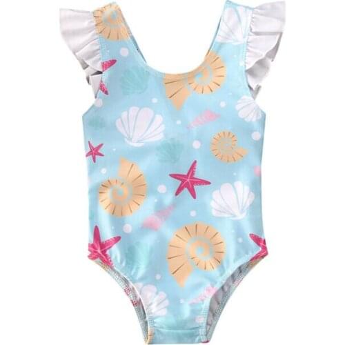 Summer Cute Infant Baby Girls Swimsuit Newborn Shell Print Swimwear Girl Ruffle Backless Bow Swimming Toddler One Pieces Bikini