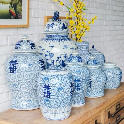 Neoclassical Hand-painted Blue And White Double Happiness Ceramic Ginger jar home decorate porcelain temple jar vase