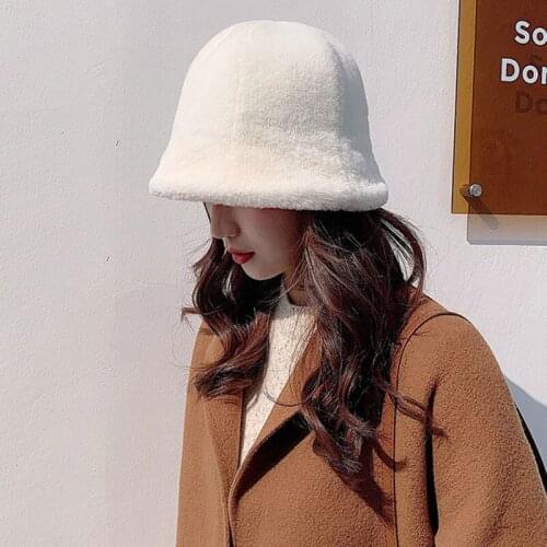 Women Bucket Hat Plush Solid Color Warm Foldable Fisherman Cap Fashion Outdoor Sunscreen Windproof UV Protection Winter Caps New