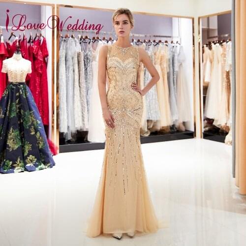 ILoveWedding Luxury Sparking Crystal Beaded Sheer Tulle Neckline Keyhole Back Custom made Fishtail Formal Evening Gowns