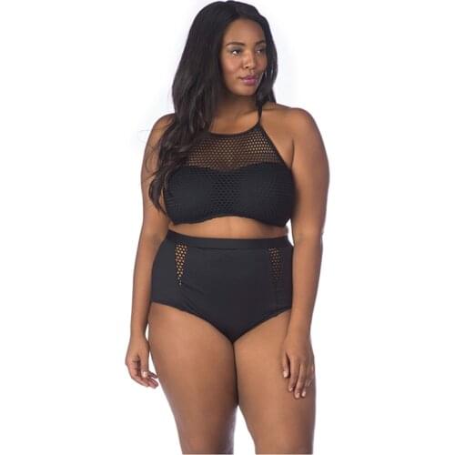 PREETERE 2018 Sexy Black Solid Bikini Halter Women Swimsuit High Neck Swimwear High Waist Bathing Suit Plus Size Bikini Black4XL