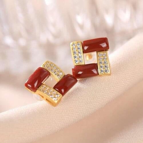 Pure S925 Silver Natural Red Agate Square Stud Earrings