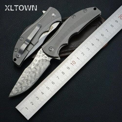 XLTOWN Folding knife D2 folding knife outdoor titanium alloy handle Damascus steel ball bearing system knife Tool