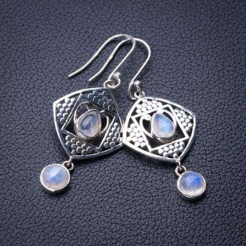 StarGems Natural Rainbow Moonstone Handmade 925 Sterling Silver Earrings 2" E0735