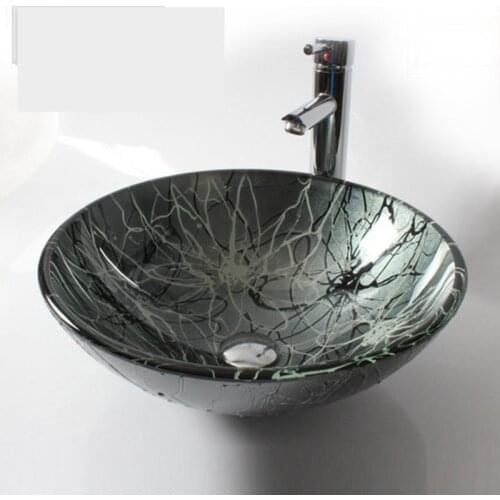 GLASS BASIN SINK WASH BOWL BATHROOM CLOAKROOM COUNTERTOP Glass Vessel Sink with Chrome Faucet