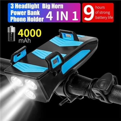 WEST BIKING 2000/4000mAh Multifunction 4 IN1 Bike Light USB Flashlight MTB Bike Horn Phone Holder Power Bank Bicycle Front Light