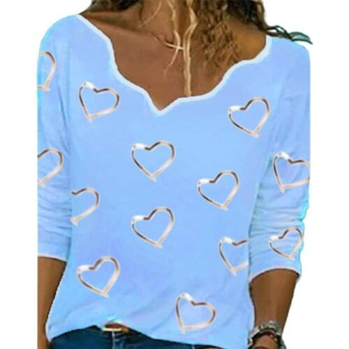 Shirt female Women Blouse Irregular V Neck Gold Stamping Heart Shape Print Long Sleeve shirt Pullover Women Top ropa mujer 2021