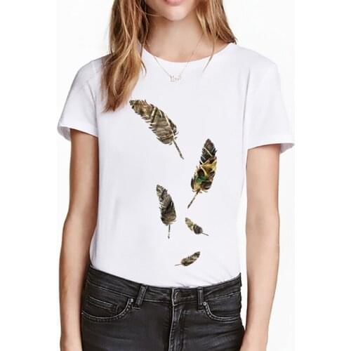 T-shirt Women 90s Feather Printing Fashion Ladies Summer Clothes Stylish Tshirts Top Lady Round Collar 2021 Tees T-Shirt