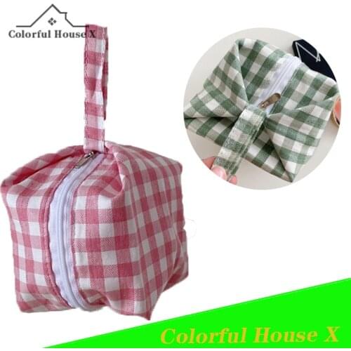 Female Cosmetic Bag Organizer For Cosmetics Storage Container Square Grid Pouch Breathable Cotton And Linen Household Products