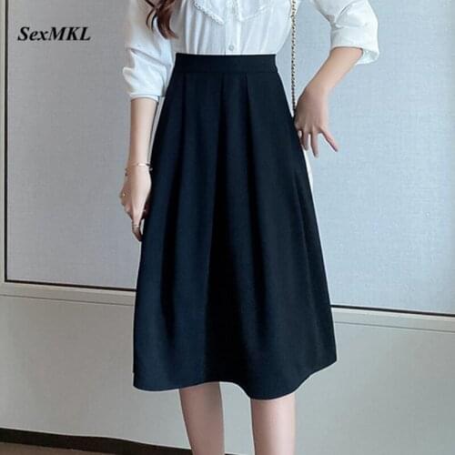 2021 Summer Long Pleated Skirts Women Korean Fashion Clothing High Waist Black Skirt Midi Elegant A Line Office Lolita Skirt XXL