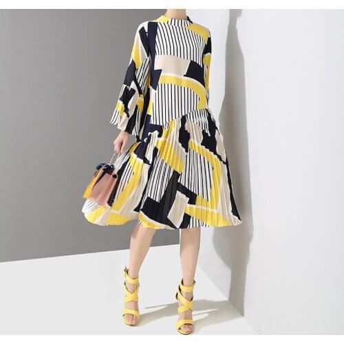 Korean Womens Trumpet Sleeve Stand Collar Floral Skirt Mid-length Skirt Trumpet Sleeve Pleated Yellow Dresses for Women