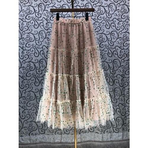 2021 Summer Fashion Skirt High Quality Women Polka Dot Prints Sexy Tulle Mesh Patchwork Casual Apricot Pink Purple Skirts Ladies