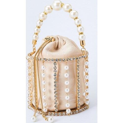 Women Rhinestone Evening Pearl Tote Bag, Handmade Luxury Diamond Beaded Bucket Bags and Sweet Handbags for Sweet Wedding Party