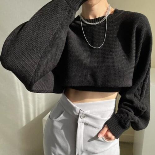 Korean Style Chic Autumn Winter Loose Crop Sweater For Women High Street O Neck Long Sleeve Pullover Jumpers Ladies Knitting Top