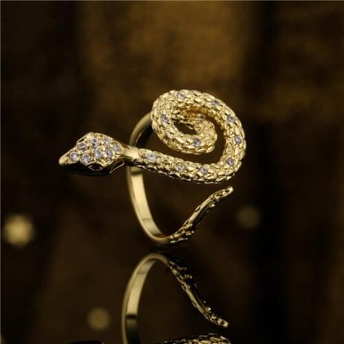 Trendy Gold Color Copper Snake Shape Ring Open Design Adjustable AAA+ CZ Women Party Ring Vintage Bohemian Jewelry Dropship