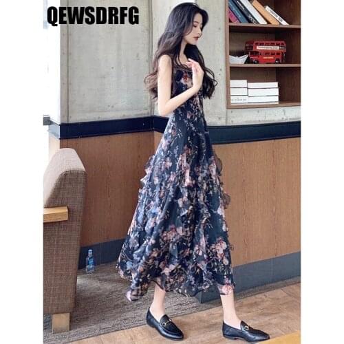 2021 Real shot Vintage Ruched Floral Print A Line Boho Midi Long Dress Summer Strap Sleeveless Ruffles Chiffon Dress Vestidos