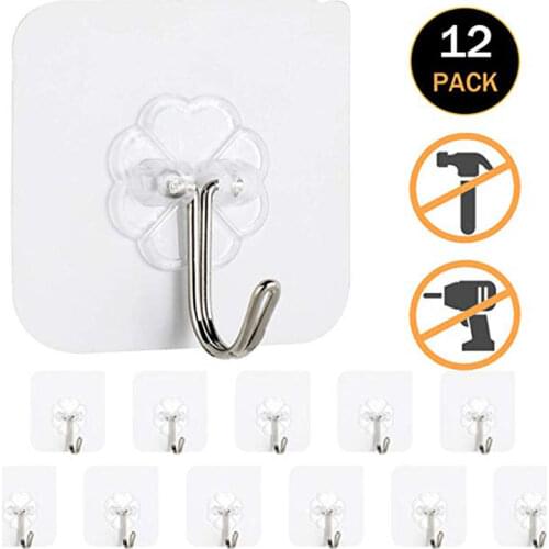 12pcs/ Set Transparent Hook Strong Seamless Stickers Wall Hook Kitchen Accessories Storage Rack Waterproof Hanger Free Punching