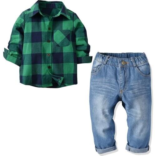 2020 Boys Plaid Long Sleeve Shirt+Pants Suits Costume Fashion Cotton Two Pieces Sets Autumn Children Denim Overalls Clothing