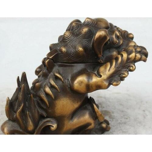 8" Chinese Pure Bronze Foo Fu Dog Guardion Lion Incense Burner Censer Statue