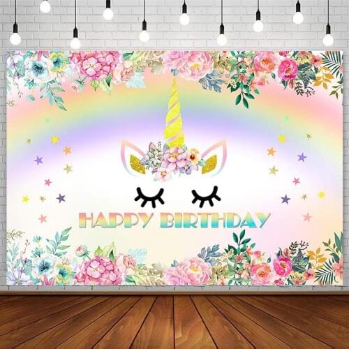 Avezano Happy Birthday Unicorn Backdrops Flowers Rainbow Twinkle Little Star Background Photography Photo Studio Photocall Decor