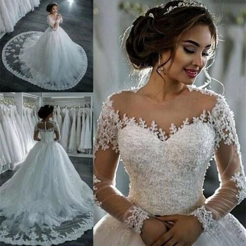 WUZHIYI Princess Ball Gown Wedding Dress Long Sleeves O Neck Lace Appliques Bridal Marriage Vestidos De Novias Trouwjurk