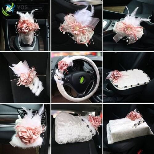 Car steering wheel cover female interior seat belt shoulder pad set hand brake gear cover armrest box pad