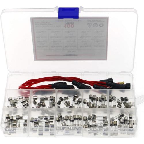 5pcs 5x20mm Fuse Holder Inline Screw Type with 16 AWG Wire + 100pcs Quick Blow Glass Tube Fuse Assorted Kit 250V