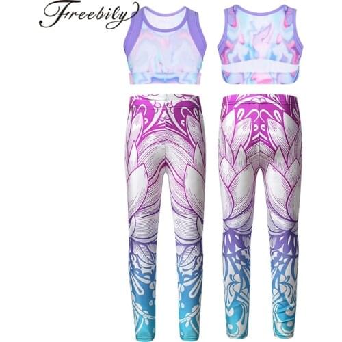Kid Girls Gymnastics Dance Cosutme Stretchy Sleeveless Tie-Dye Tanks Crop Top with Skinny Fitness Pants Leggings Tights Trousers