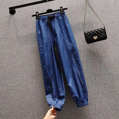 Summer Thin Elastic Waist Jeans Woman High Waist Sashes Cargo Pants Mujer Plus Size Loose Casual Ankle Length Denim Femme Blue